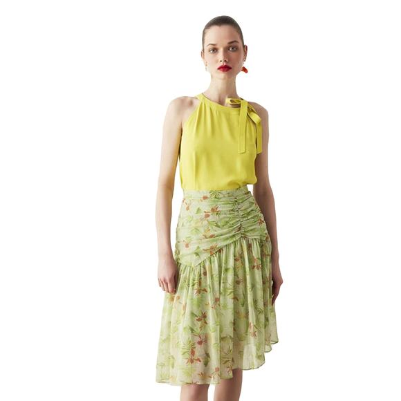 NWOT IPEKYOL Skirt US 12 Floral Ruched Tiered Sheer Knee Zip Lined Green Coral - Picture 1 of 8
